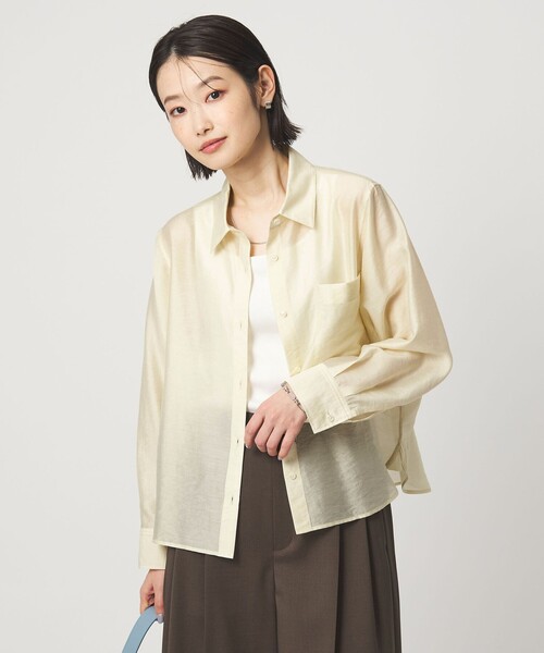 green label relaxing（グリーンレーベルリラクシング）の「エアリー シアー ロングスリーブ シャツ ウォッシャブル 接触冷感（シャツ/ブラウス・レディース・オフホワイト/ライム/ダークグレー/モカ・FREE）」の2枚目の写真