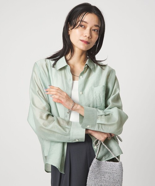 green label relaxing（グリーンレーベルリラクシング）の「エアリー シアー ロングスリーブ シャツ ウォッシャブル 接触冷感（シャツ/ブラウス・レディース・オフホワイト/ライム/ダークグレー/モカ・FREE）」の6枚目の写真