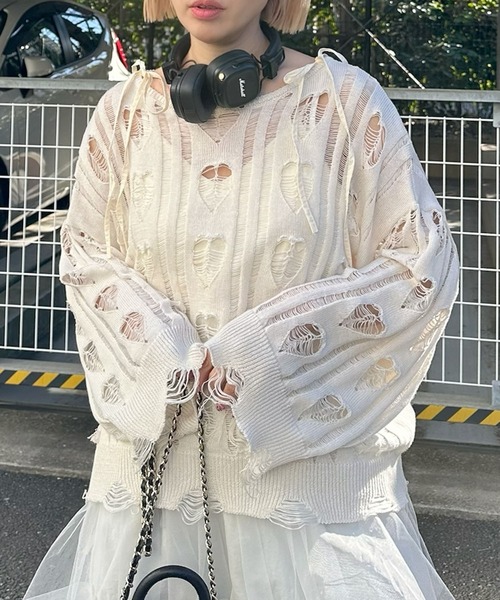 Alley Tokyo（アリートーキョー）の「ハートダメージニットのnew（ニット/セーター・レディース・ライム/ピンク/オフホワイト・FREE）」の2枚目の写真