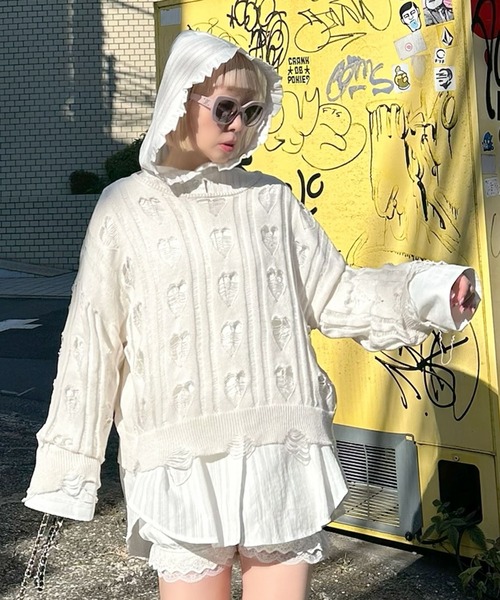 Alley Tokyo（アリートーキョー）の「ハートダメージニットのnew（ニット/セーター・レディース・ライム/ピンク/オフホワイト・FREE）」の4枚目の写真