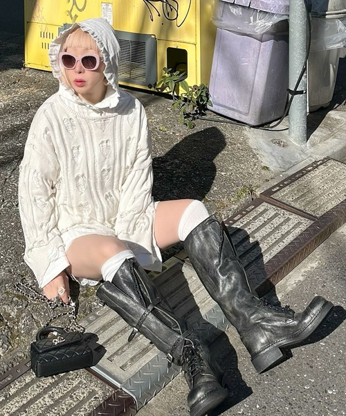 Alley Tokyo（アリートーキョー）の「ハートダメージニットのnew（ニット/セーター・レディース・ライム/ピンク/オフホワイト・FREE）」の5枚目の写真
