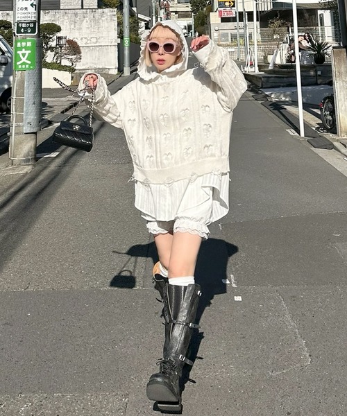 Alley Tokyo（アリートーキョー）の「ハートダメージニットのnew（ニット/セーター・レディース・ライム/ピンク/オフホワイト・FREE）」の6枚目の写真