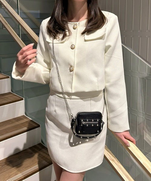 LAC-VERT(ラック・ヴェール)の「ツイード風ジャケット+ミニスカートセットアップ(セットアップ・レディース・オフホワイト/ブラック・FREE)」の2枚目の写真