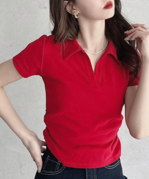 TREOVER(トレオーバー)の「こなれ感たっぷりのスキッパーデザイントップス(Tシャツ/カットソー・レディース・ブラック/オフホワイト/ブラウン/レッド・FREE)」の1枚目の写真