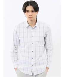 シャツ メンズ 長袖 ストレッチ 綿 コットン ブロード オンブレ チェック レギュラーカラー 