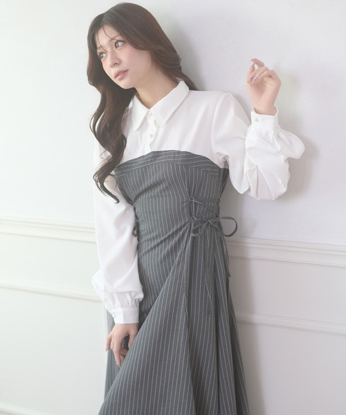 Ambre Neige（アンブルネージュ）の「assortment lace up docking Long Dress / アソートレースアップドッキングロングワンピース（ワンピース・レディース・ブラウン系その他/グレー系その他/グレー/ベージュ/ベージュ系その他・FREE）」の2枚目の写真