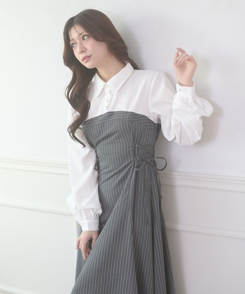 セール】assortment lace up docking Long Dress / アソートレース