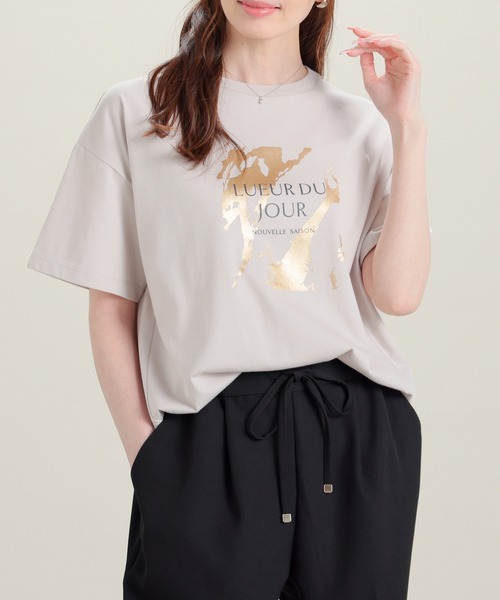 GLACIER lusso(グラシアルッソ)の「【美冷・接触冷感・速乾ドライ・UVカット】ハクプリントTシャツ(Tシャツ/カットソー・レディース・グレイッシュブルー/グレイッシュベージュ/アイボリー/スミクロ・S/M/LL/L)」の3枚目の写真