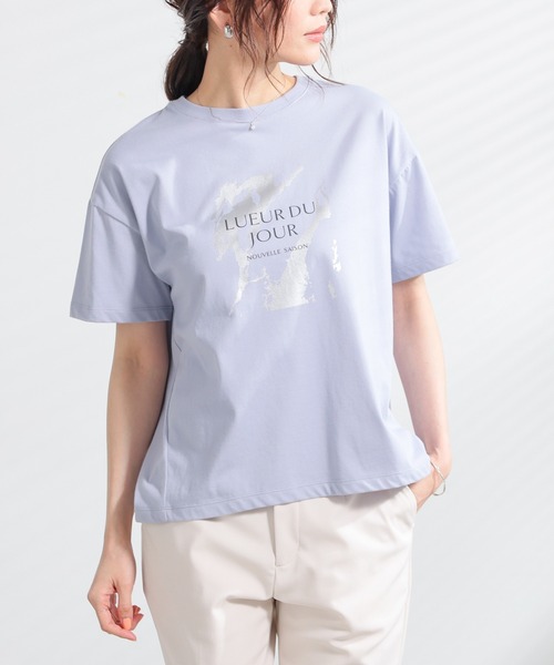 GLACIER lusso(グラシアルッソ)の「【美冷・接触冷感・速乾ドライ・UVカット】ハクプリントTシャツ(Tシャツ/カットソー・レディース・グレイッシュブルー/グレイッシュベージュ/アイボリー/スミクロ・S/M/LL/L)」の4枚目の写真