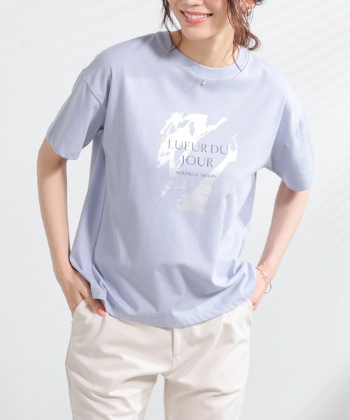 GLACIER lusso(グラシアルッソ)の「【美冷・接触冷感・速乾ドライ・UVカット】ハクプリントTシャツ(Tシャツ/カットソー・レディース・グレイッシュブルー/グレイッシュベージュ/アイボリー/スミクロ・S/M/LL/L)」の22枚目の写真