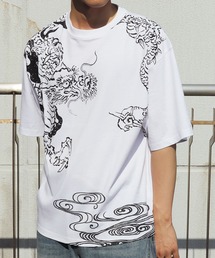 和柄プリントTシャツ 半袖 鯉 龍 熨斗 花 金魚 鶴 和風