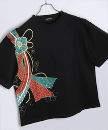和柄プリントTシャツ 半袖 鯉 龍 熨斗 花 金魚 鶴 和風