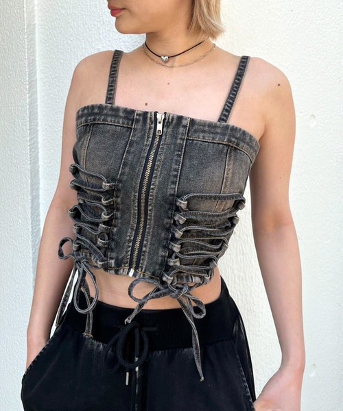 SPIRALGIRL（スパイラルガール）の「レースアップデニムビスチェ（キャミソール・レディース・ネイビー/ブラック系その他・FREE）」の6枚目の写真