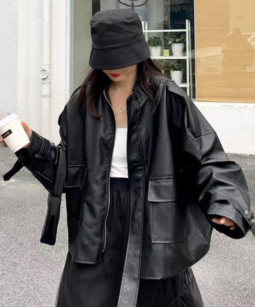 AsheKsha(アシクシャ)の「ゆったり立ち襟レザージャケット(その他アウター・レディース・ブラック・F)」の5枚目の写真