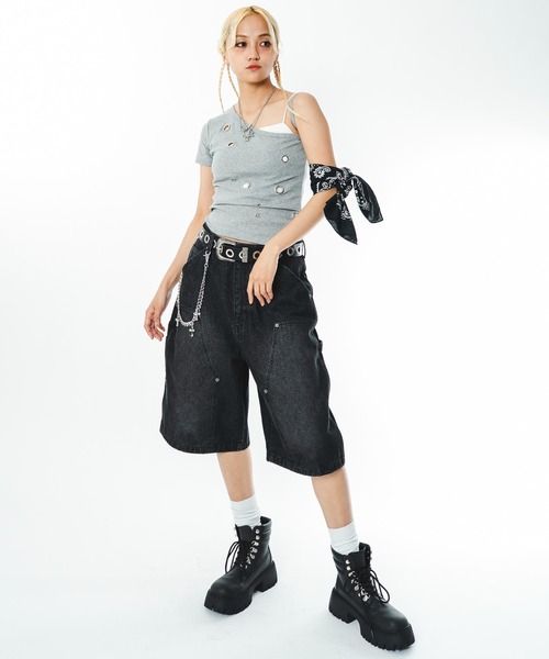 SHORT ROUND（ショートラウンド）の「SHORT ROUND/【26年春夏新作】ダブルニーデニムショーツ（デニムパンツ・メンズ・コバルトブルー/ブラック系3・LARGE/MEDIUM）」の5枚目の写真