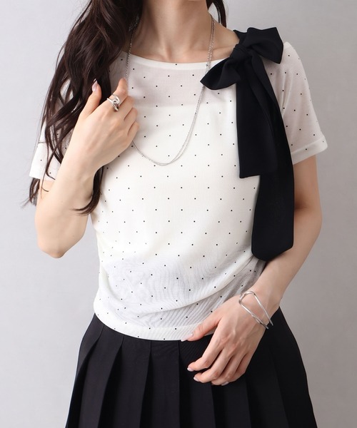 SpRay（スプレイ）の「ドット肩リボントップス（Tシャツ/カットソー・レディース・オフホワイト/ブラック/グレー・FREE）」の7枚目の写真