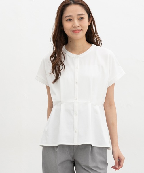 Honeys（ハニーズ）の「【ハニさら・接触冷感・ＵＶカット】ウエストタックトップス（Tシャツ/カットソー・レディース・アイボリー/グレイッシュベージュ/ブルーグリーン/ネイビー・3L/L/LL/M/S）」の8枚目の写真