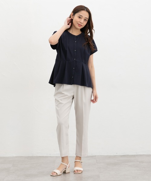 Honeys（ハニーズ）の「【ハニさら・接触冷感・ＵＶカット】ウエストタックトップス（Tシャツ/カットソー・レディース・アイボリー/グレイッシュベージュ/ブルーグリーン/ネイビー・3L/L/LL/M/S）」の9枚目の写真