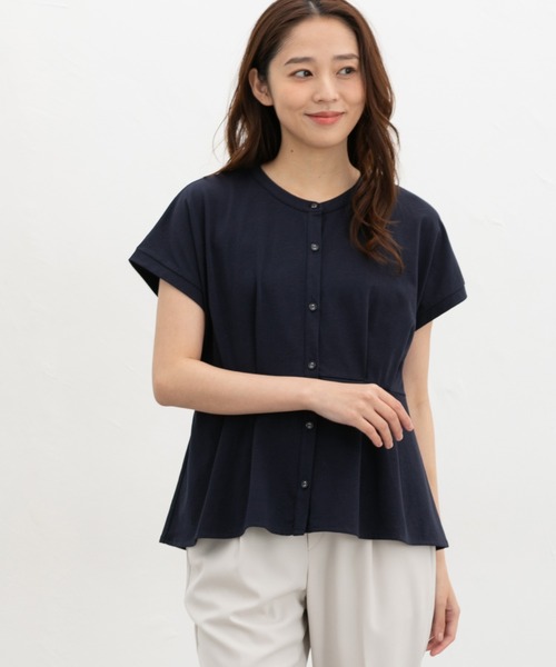 Honeys（ハニーズ）の「【ハニさら・接触冷感・ＵＶカット】ウエストタックトップス（Tシャツ/カットソー・レディース・アイボリー/グレイッシュベージュ/ブルーグリーン/ネイビー・3L/L/LL/M/S）」の10枚目の写真