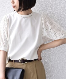 SHIPS Colors（シップス カラーズ）の「SHIPS Colors:〈手洗い可能〉ミニ裏毛 レース スリーブ トップス◇（Tシャツ/カットソー・レディース）」