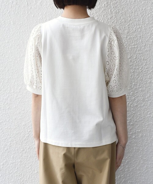 SHIPS Colors(シップス カラーズ)の「SHIPS Colors:〈手洗い可能〉ミニ裏毛 レース スリーブ トップス◇(Tシャツ/カットソー・レディース・ライトブルー/ネイビー/オフホワイト・ONE SIZE)」の8枚目の写真