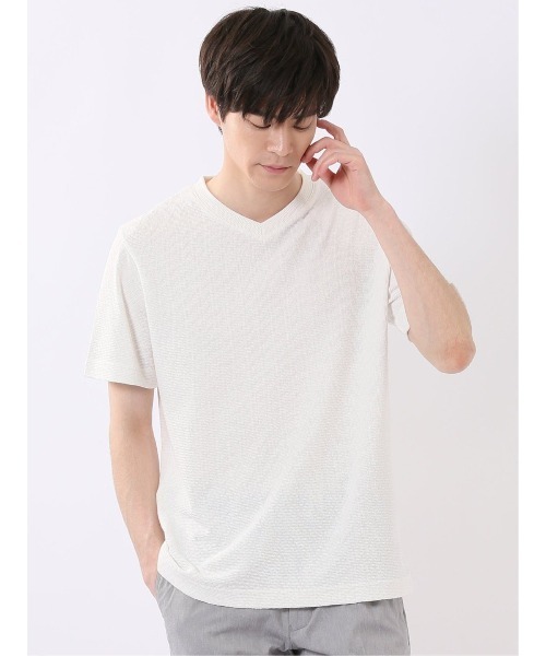 TAKA-Q(タカキュー)の「【綿混】タカキュー ヘリンボン ジャガード Vネック 半袖 Tシャツ(Tシャツ/カットソー・メンズ・ホワイト/ブラック・MEDIUM/LARGE/X-LARGE)」の1枚目の写真