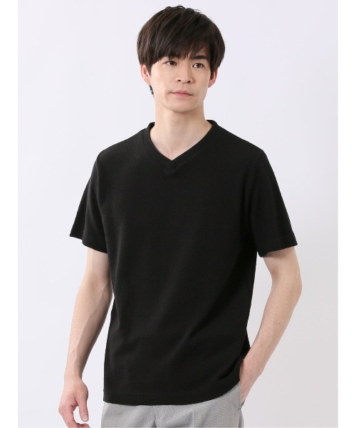 TAKA-Q(タカキュー)の「【綿混】タカキュー ヘリンボン ジャガード Vネック 半袖 Tシャツ(Tシャツ/カットソー・メンズ・ホワイト/ブラック・MEDIUM/LARGE/X-LARGE)」の2枚目の写真