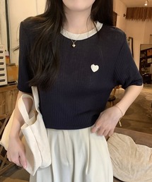 ハート刺繍バイカラーリブTシャツ