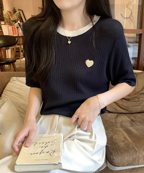 LAFFMO(ラフモ)の「ハート刺繍バイカラーリブTシャツ(Tシャツ/カットソー・レディース・ベージュ/ネイビー・F)」の14枚目の写真