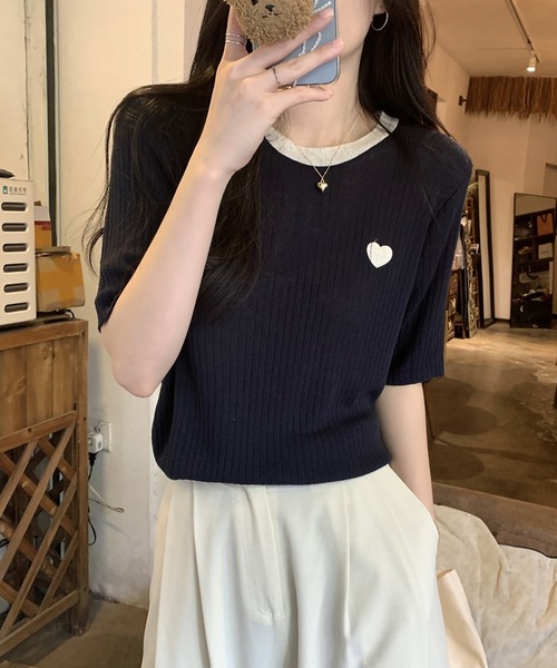 LAFFMO(ラフモ)の「ハート刺繍バイカラーリブTシャツ(Tシャツ/カットソー・レディース・ベージュ/ネイビー・F)」の17枚目の写真