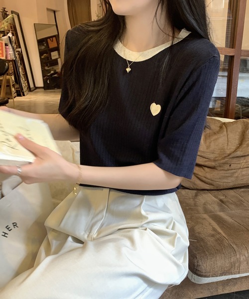 LAFFMO(ラフモ)の「ハート刺繍バイカラーリブTシャツ(Tシャツ/カットソー・レディース・ベージュ/ネイビー・F)」の21枚目の写真
