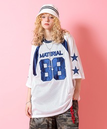 a.p.o.v. ナンバリングワッペン＆サテンライン切替メッシュオーバーサイズフットボールシャツ
