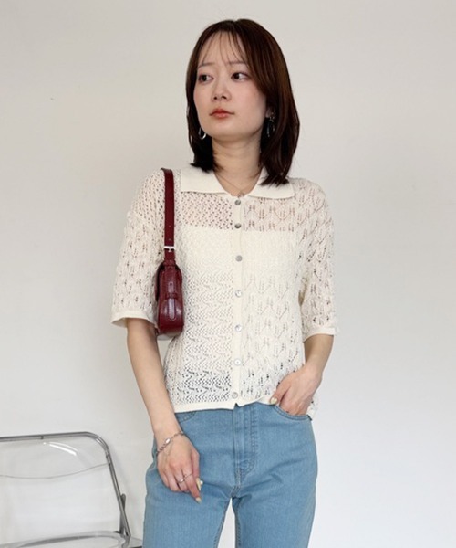 mellomela.（メロメラ）の「透かし編み半袖ニットカーディガン（カーディガン/ボレロ・レディース・オフホワイト/ブラック・FREE）」の3枚目の写真