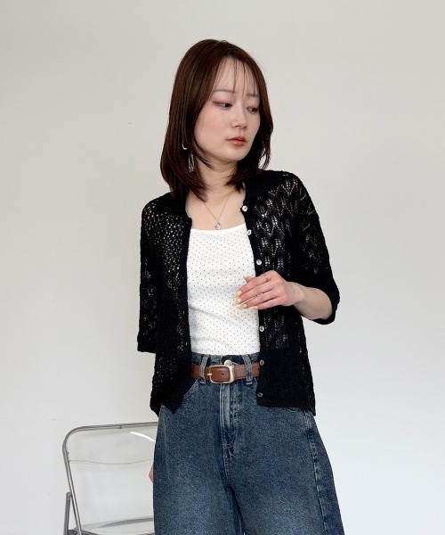 mellomela.（メロメラ）の「透かし編み半袖ニットカーディガン（カーディガン/ボレロ・レディース・オフホワイト/ブラック・FREE）」の6枚目の写真