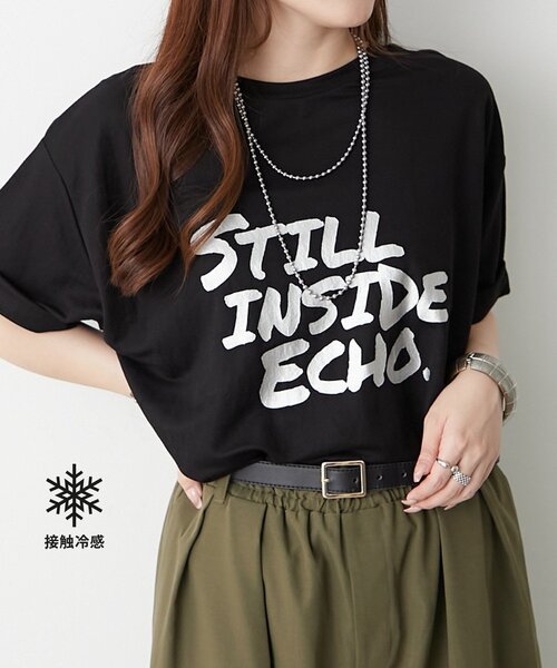 Remind me and forever(リマインドミーアンドフォーエバー)の「【接触冷感ひんやりタッチ】【WEB限定】箔3段プリントTシャツ(Tシャツ/カットソー・レディース・チャコールグレー/ブラック/オフホワイト・FREE)」の1枚目の写真