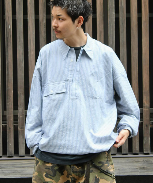 Marvine Pontiak shirt makers(マービンポンティアックシャツメーカーズ)の「Marvine Pontiak / マービンポンティアックシャツメーカーズ Twist P/O Stripe(シャツ/ブラウス・メンズ・ブルー・FREE)」の1枚目の写真