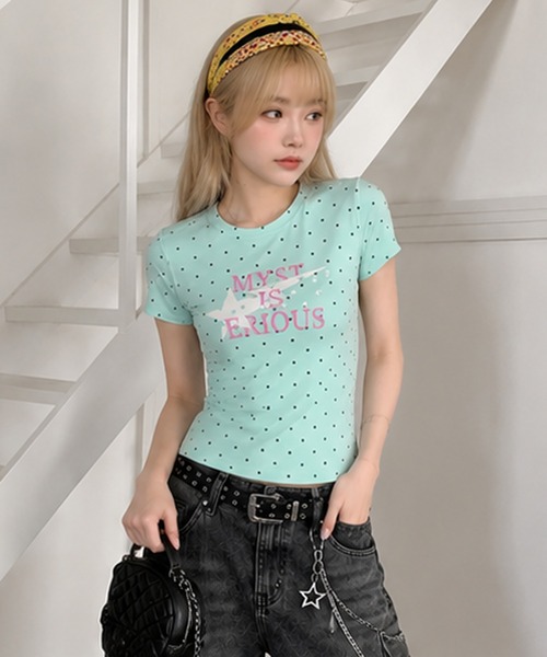 MEMECLE（メメクル）の「【 MEMECLE / メメクル 】ドット柄　スタープリントトップス（Tシャツ/カットソー・レディース・グリーン・SMALL/MEDIUM）」の3枚目の写真