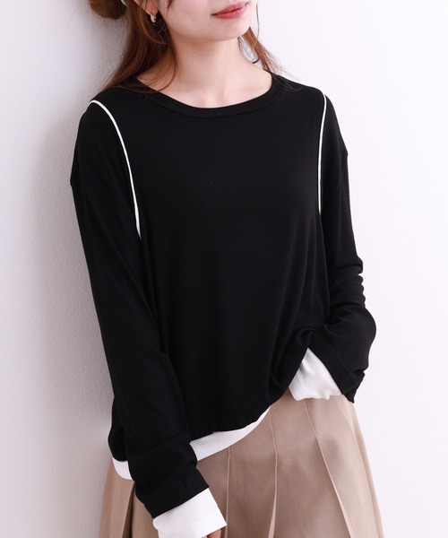 crossi（クロッシー）の「配色パイピングレイヤード風長袖カットソー（Tシャツ/カットソー・レディース・ホワイト/ブラック・LARGE/MEDIUM）」の13枚目の写真