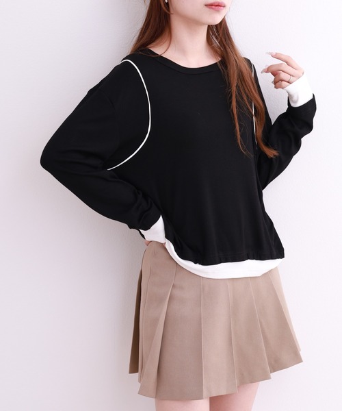 crossi（クロッシー）の「配色パイピングレイヤード風長袖カットソー（Tシャツ/カットソー・レディース・ホワイト/ブラック・LARGE/MEDIUM）」の14枚目の写真