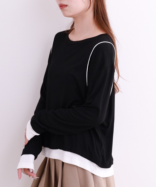 crossi（クロッシー）の「配色パイピングレイヤード風長袖カットソー（Tシャツ/カットソー・レディース・ホワイト/ブラック・LARGE/MEDIUM）」の15枚目の写真