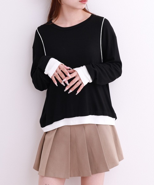 crossi（クロッシー）の「配色パイピングレイヤード風長袖カットソー（Tシャツ/カットソー・レディース・ホワイト/ブラック・LARGE/MEDIUM）」の16枚目の写真