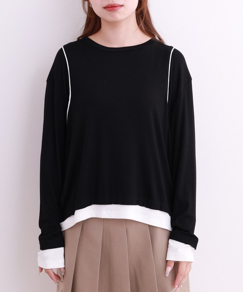 crossi（クロッシー）の「配色パイピングレイヤード風長袖カットソー（Tシャツ/カットソー・レディース・ホワイト/ブラック・LARGE/MEDIUM）」の19枚目の写真