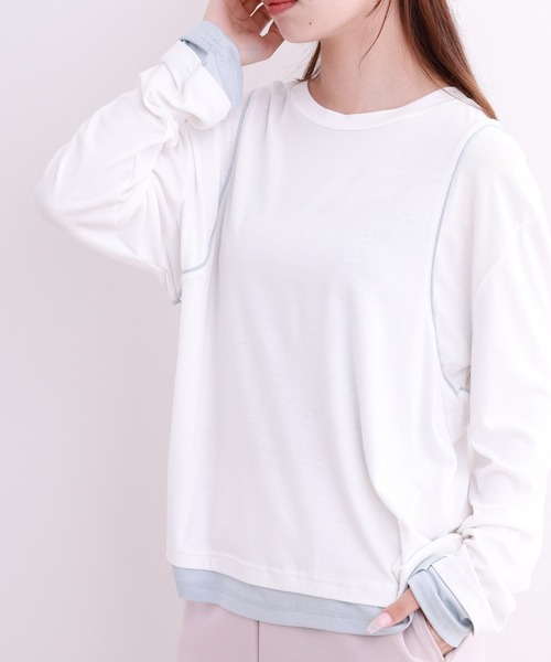 crossi（クロッシー）の「配色パイピングレイヤード風長袖カットソー（Tシャツ/カットソー・レディース・ホワイト/ブラック・LARGE/MEDIUM）」の7枚目の写真
