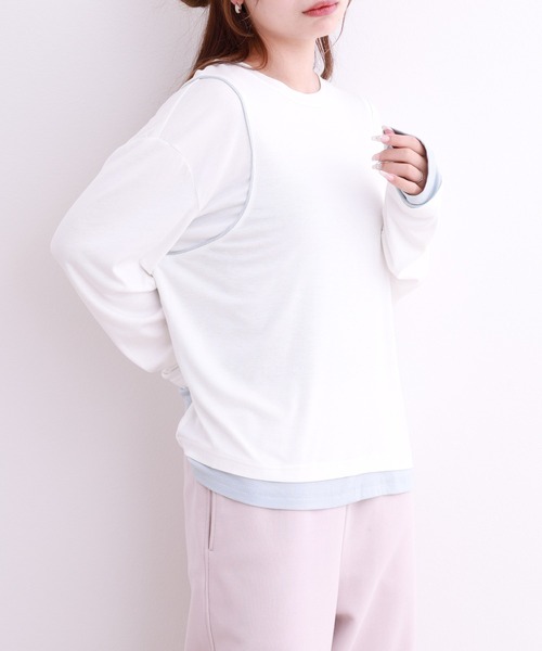 crossi（クロッシー）の「配色パイピングレイヤード風長袖カットソー（Tシャツ/カットソー・レディース・ホワイト/ブラック・LARGE/MEDIUM）」の8枚目の写真