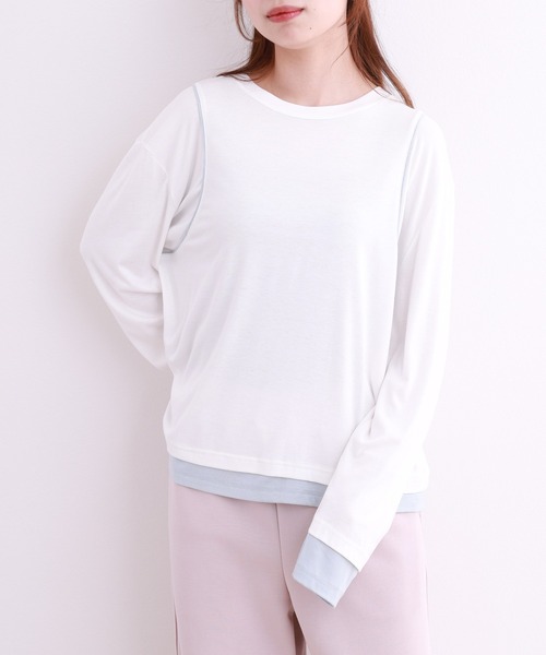 crossi（クロッシー）の「配色パイピングレイヤード風長袖カットソー（Tシャツ/カットソー・レディース・ホワイト/ブラック・LARGE/MEDIUM）」の9枚目の写真
