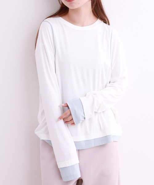 crossi（クロッシー）の「配色パイピングレイヤード風長袖カットソー（Tシャツ/カットソー・レディース・ホワイト/ブラック・LARGE/MEDIUM）」の10枚目の写真