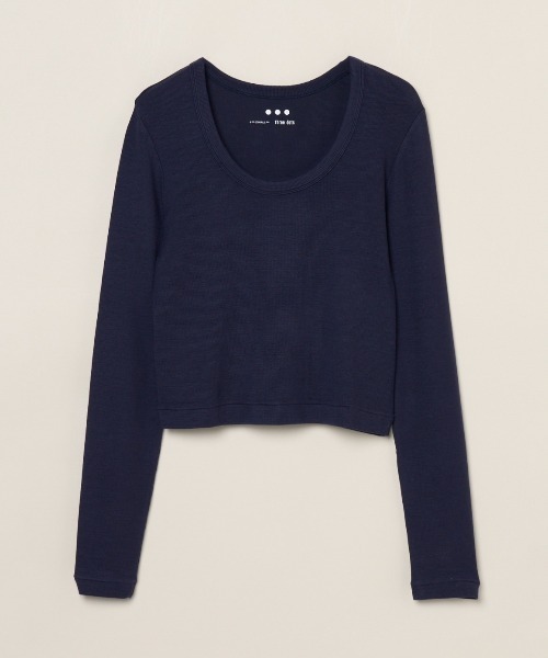 three dots(スリードッツ)の「レーヨンニットリブジャージー クロップドジェシカ(Tシャツ/カットソー・レディース・ネイビー・MEDIUM)」の1枚目の写真