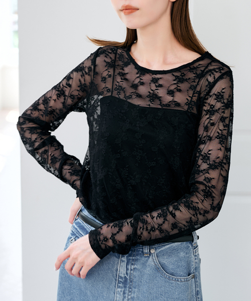U by SPICK&SPAN(ユーバイスピックアンドスパン)の「ストレッチレースクループルオーバー(Tシャツ/カットソー・レディース・ブラック/ホワイト・FREE)」の1枚目の写真