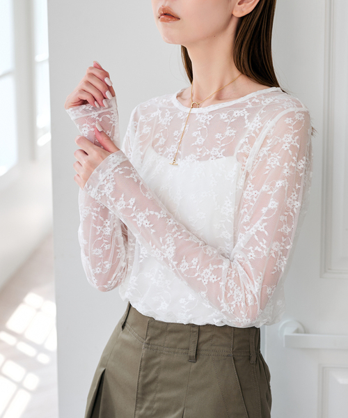 U by SPICK&SPAN(ユーバイスピックアンドスパン)の「ストレッチレースクループルオーバー(Tシャツ/カットソー・レディース・ブラック/ホワイト・FREE)」の11枚目の写真