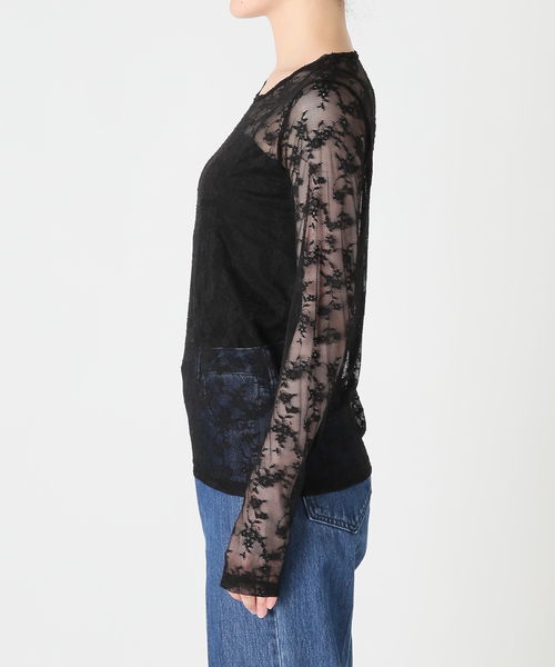 U by SPICK&SPAN(ユーバイスピックアンドスパン)の「ストレッチレースクループルオーバー(Tシャツ/カットソー・レディース・ブラック/ホワイト・FREE)」の5枚目の写真